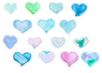 Set of watercolor hand drawn green hearts isolated on white background. Heart watercolor for a Valentine's Day card or a romantic postcard.