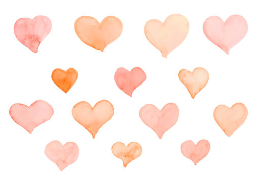 Set of watercolor hand drawn pink hearts isolated on white background. Heart watercolor for a Valentine's Day card or a romantic postcard.