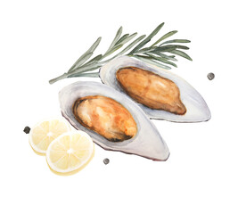 Watercolor illustration of baked mussels with lemon and rosemary and peppercorns isolated on white background