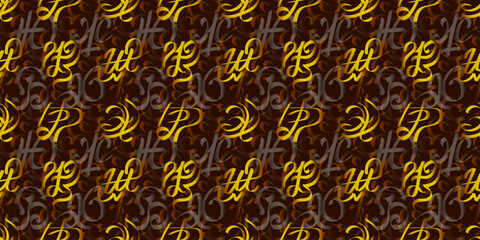 Vector abstract background. Seamless pattern. Fictitious signs or hieroglyphs symmetrically arranged. Calligraphy and texture of gold and brown marks.