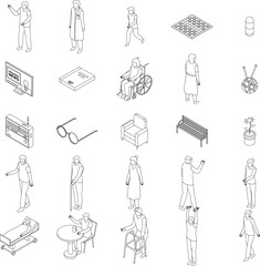 Nursing home icons set. Isometric set of nursing home vector icons outline on white thin line collection