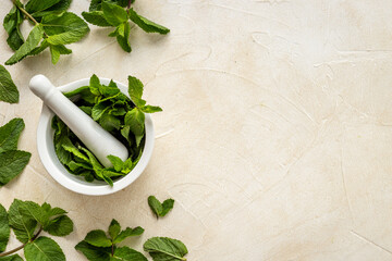 White mortar with fresh green mint leaves. Aroma herbs background