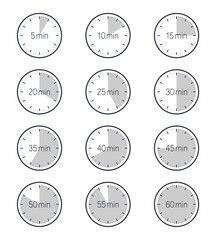 Naklejka premium A set of timer icons. Countdown symbols collection from 5 to 60 minutes. Design templates isolated on white background. Vector illustration 
