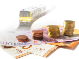 Euro union banknotes and stack of coins, rail train on track out of focus in the background. Cost...