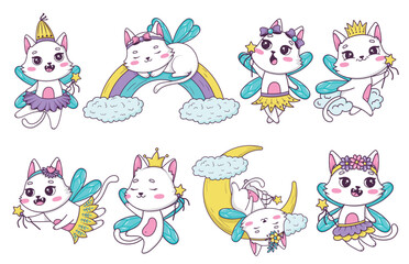 Fototapeta na wymiar Bundle of drawn cute cartoon cats fairy with a magic wand in different poses in doodle style