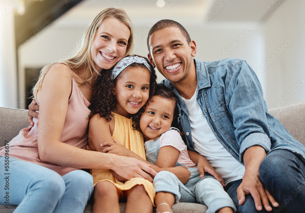 Canvas Prints love, diversity and portrait of happy family hug in rent house living room, bonding and enjoy qualit