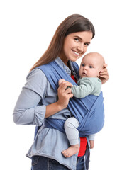 Mother holding her child in sling (baby carrier) on white background