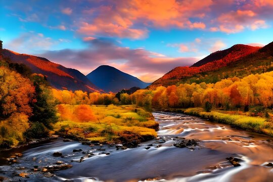 autumn landscape with mountains and river