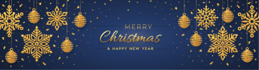Christmas blue background with hanging shining golden snowflakes and balls. Merry christmas greeting card. Holiday Xmas and New Year poster, web banner. Vector Illustration.