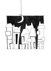 Night illustration poster with cats and houses. Doodle buildings in city. A cartoon style street with cute houses. Fantasy street with  cats silhouette art.