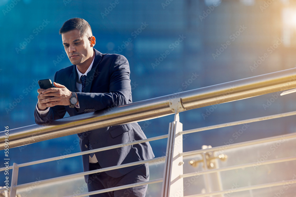 Aufkleber business, man and phone outside for 5g internet to search or browse social media for media content. 
