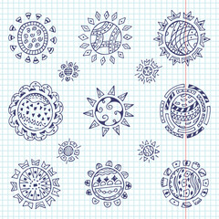Vector set of different Ethnic solar symbols. Ornamental Suns hand drawn doodles
