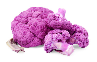 Cut purple cauliflowers on white background. Healthy food