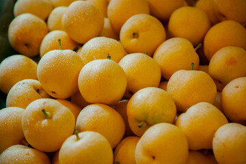 Closeup, fruit stand, shelf, fresh, pears
