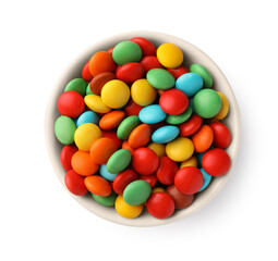Bowl with colorful candies isolated on white, top view