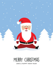 christmas greeting card with santa claus on winter landscape