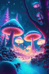 A fantasy house of illuminated mushrooms, a fabulous world. AI Generative