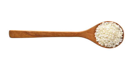 Rice in spoon wood on transparen png, top view