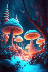 Fototapeta na wymiar A fantasy house of illuminated mushrooms, a fabulous world. AI Generative