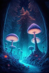 A fantasy house of illuminated mushrooms, a fabulous world. AI Generative