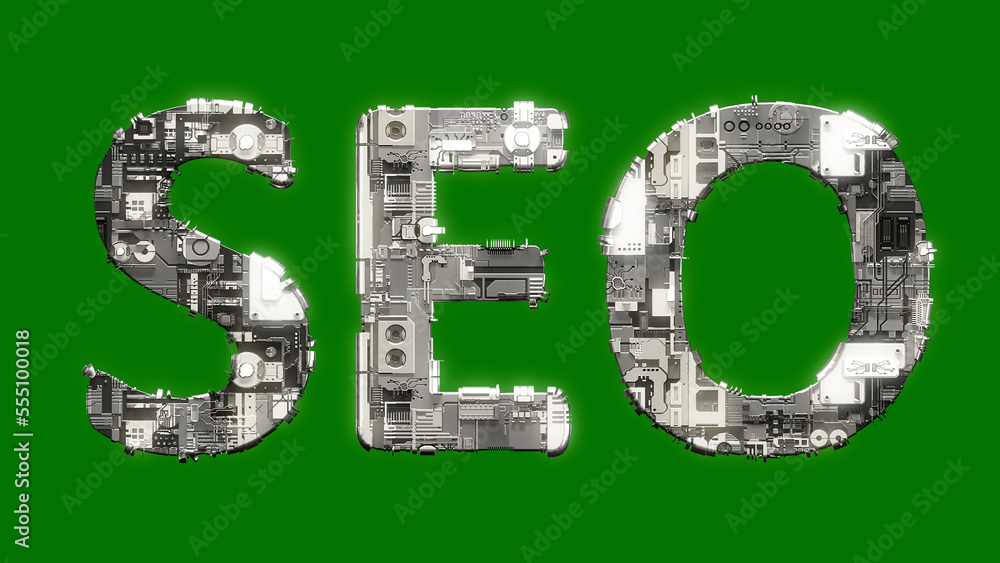Aufkleber industrial style cybernetic text seo on chroma key screen background, isolated - object 3d rendering