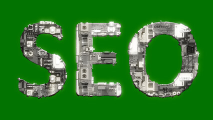 industrial style cybernetic text SEO on chroma key screen background, isolated - object 3D rendering