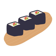 Sushi roll with salmon and avocado on wooden plate. Cute hand drawn cartoon illustration for asian food menu, stickers, wall art, restaurant logo