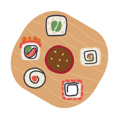 Sushi roll set and soy sauce on wooden plate. Cute hand drawn cartoon illustration for asian food menu, stickers, wall art, restaurant logo