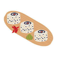 Sushi roll with salmon, avocado, cheese and sesame seeds on wooden plate. Cute hand drawn cartoon illustration for asian food menu, stickers, wall art, restaurant logo