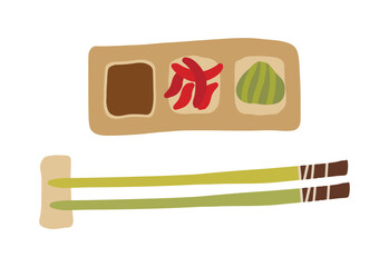 Sushi roll set wtih soy sauce, ginger, wasabi on wooden plate. Cute hand drawn cartoon illustration for asian food menu, stickers, wall art, restaurant logo