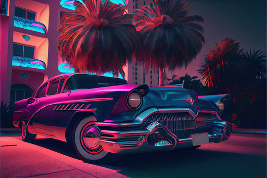 luxury neon color spectrum retro vintage car on the streets of miami, made with generative ai