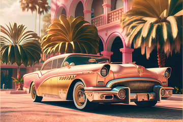 luxury pink and gold retro vintage car on the streets of miami, made with generative ai