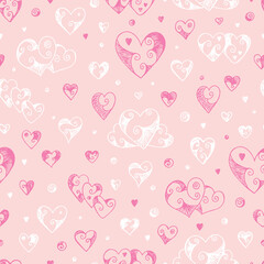 Hearts Seamless pattern. Hand drawn doodles Vector illustration. Happy Valentine's day. Pink Valentine background.