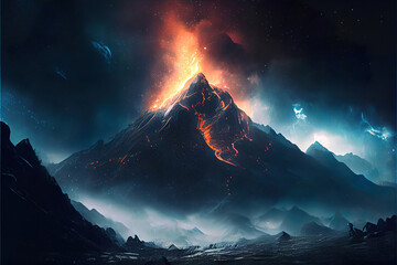 dark fantasy mountain landscape, fire in the hills, volcano eruption, made with generative ai - obrazy, fototapety, plakaty