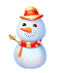 Happy snowman wearing hat and scarf, digital illustration cut out