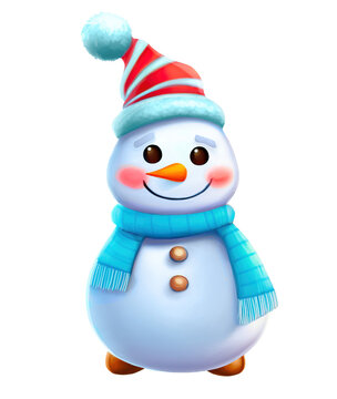 Cute smiling snowman wearing hat and scarf, digital illustration cut out