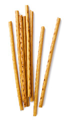 Pretzel sticks on a white background. Top view