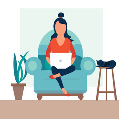 A girl with a laptop sits on a chair. freelancer concept, work from home. stay at home.