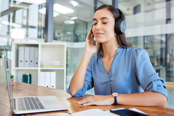 Business woman, laptop and music to relax for meditation in office, calm and content, streaming and audio. Radio, girl and corporate employee listening to podcast, relaxing and enjoy zen workspace