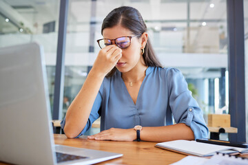 Stress headache, burnout and woman in office overwhelmed with workload at desk with laptop....