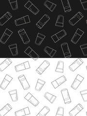 doodle pattern with glasses, background with icons of glasses with liquid. collection for food store, poster, banner with black and white background
