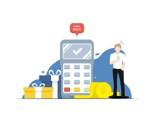 Cash back shopping online concept, Human standing with card swipe machine, Digital marketing illustration.