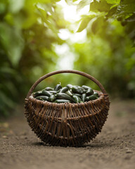 Fototapeta na wymiar Hot mexican jalapeno black peppers in wicker basket on ground. Spicy food. Harvesting at vegetable farm. Vegetables in garden. Blurred background of green leaves. Soft focus. Side view. Copy space.