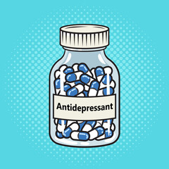 bottle of antidepressants pills drugs pinup pop art retro vector illustration. Comic book style imitation.