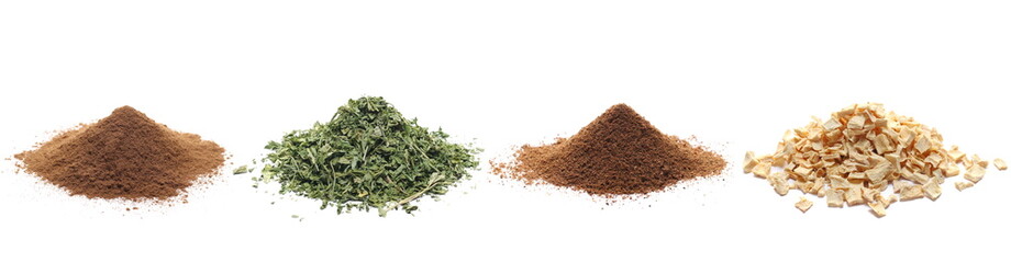  Set spice pile, cinnamon powder, dry chopped parsley, nutmeg ground, dry dried parsnip isolated on...