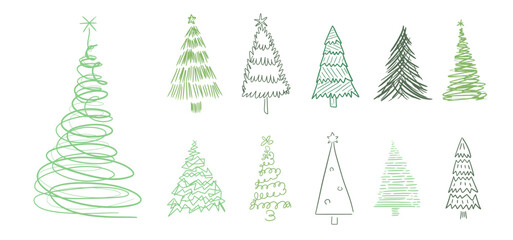 Weird modern Christmas tree collection. Hand drawn Christmas trees.