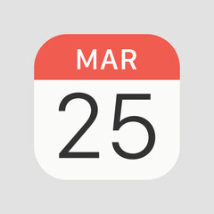 March 25 calendar icon isolated on background. Calendar symbol modern, simple, vector, icon for website design, mobile app, ui. Vector Illustration