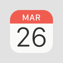 March 26 calendar icon isolated on background. Calendar symbol modern, simple, vector, icon for website design, mobile app, ui. Vector Illustration