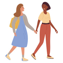 Two girls of different races walk together holding hands. Vector illustration isolated on white background.