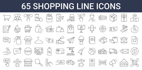 Set of 60 Thin lines web icons - E-commerce, Shopping Delivering, Store, Marketing, Money, Black Friday. Vector illustration. Editable stroke